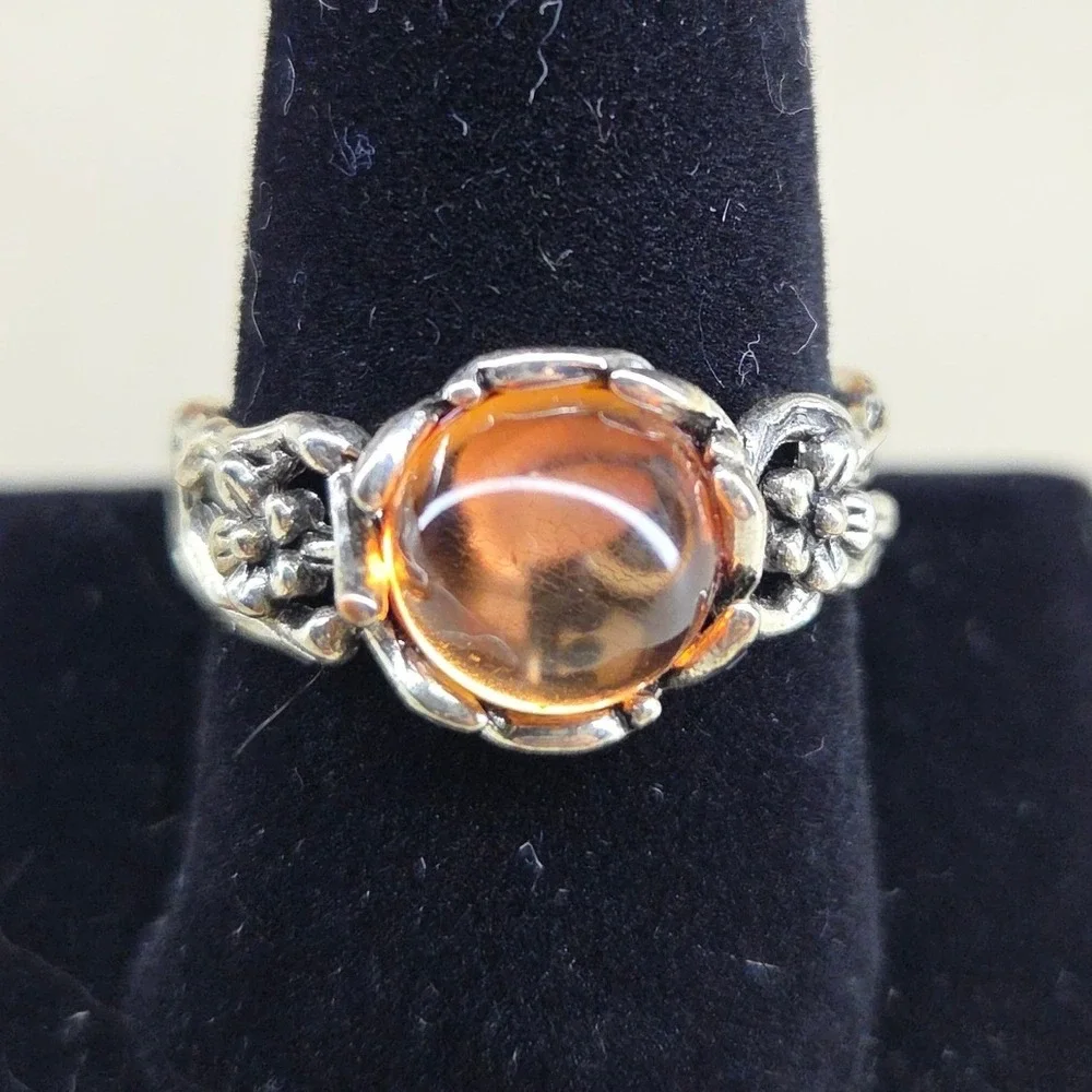 Boho Silver Tone Amber Cabochon Flower Branch Textured Statement Ring Size 10.25